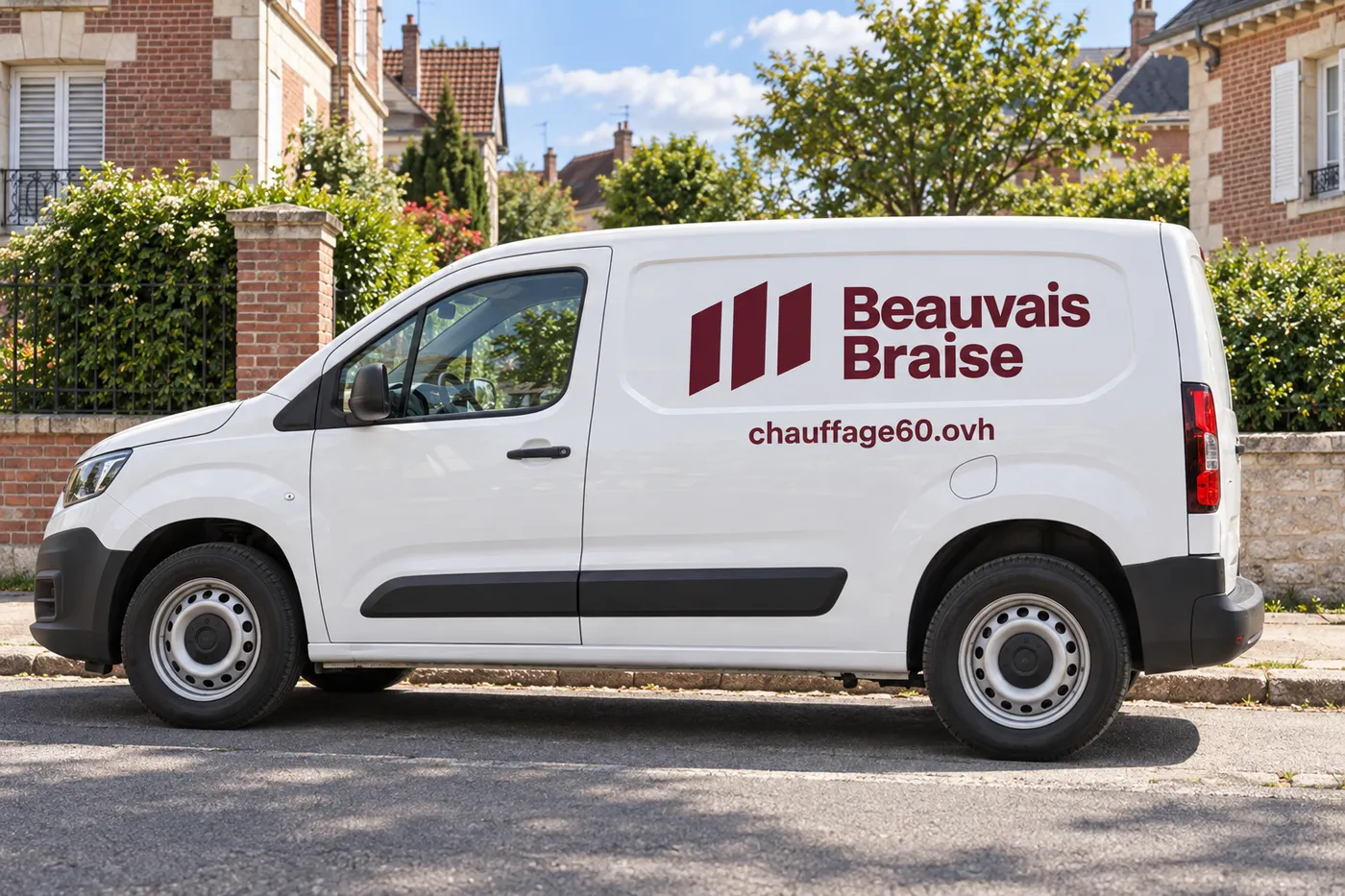 Fourgon blanc Beauvais Braise siglé chauffage60.ovh garé dans une rue résidentielle