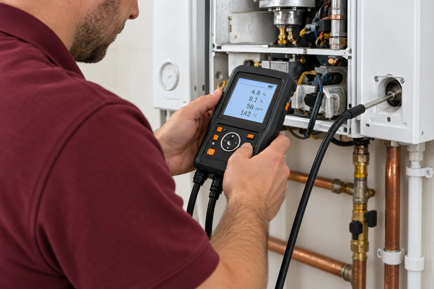 Mesure de la combustion d'une chaudière murale gaz avec un analyseur portable