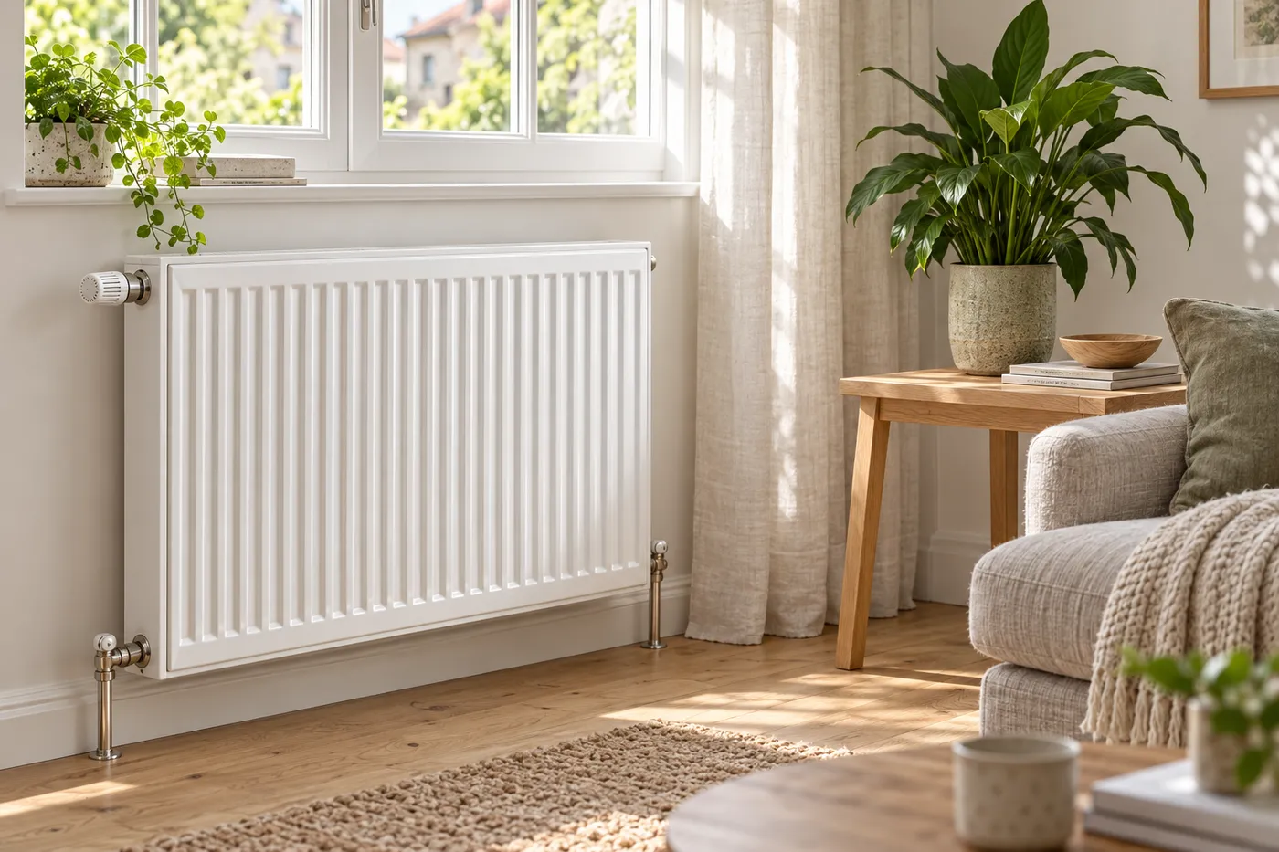 Radiateur blanc à robinet thermostatique sous la fenêtre d'un séjour lumineux